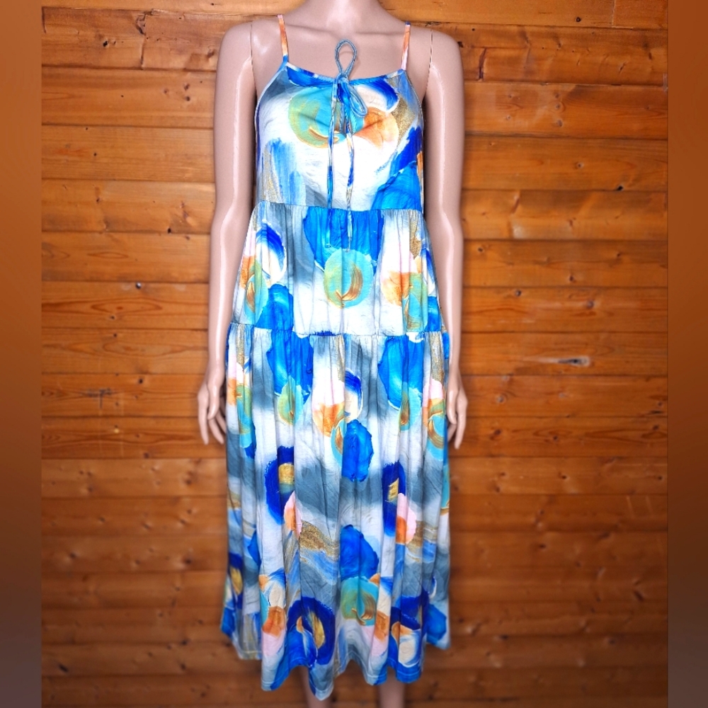 ❤️ NWT LAISHEN Spaghetti Strap With 2 Pockets Maxi Dress Colorful design Size S